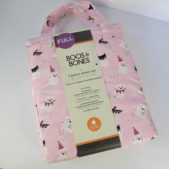 Halloween Pink White Cute Ghosts Boos & Bones FULL 5pc Sheets Set Girls Bedding - Picture 1 of 11
